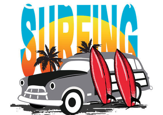 复古汽车与冲浪板的夏日风情服装印花
