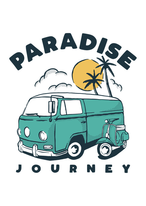 复古绿小巴士与棕榈树的夏日之旅服装印花