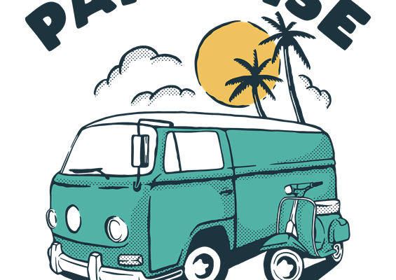 复古绿小巴士与棕榈树的夏日之旅服装印花