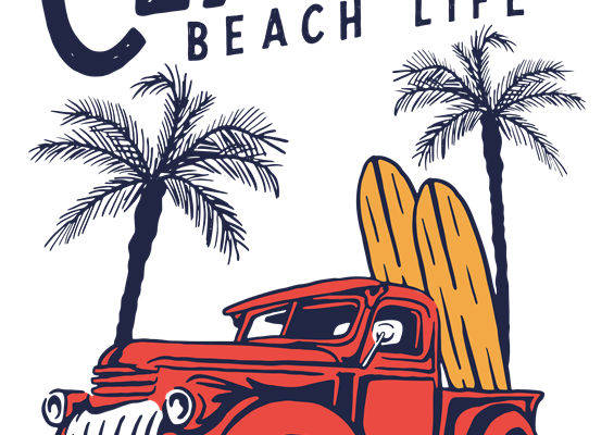 复古卡车与棕榈树的海滩生活服装印花