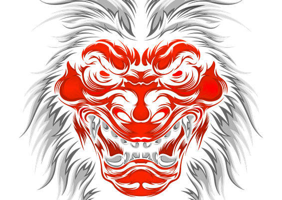 红色狮子头纹样服装印花裁片设计