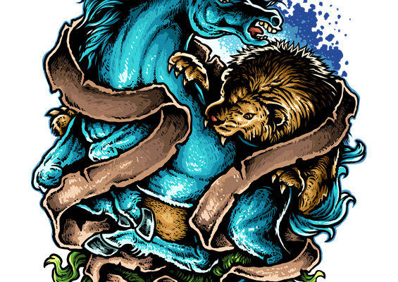 蓝色龙与棕色熊的激烈对决，服装印花裁片素材