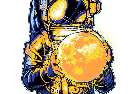 复古宇航员与月球图案服装印花素材