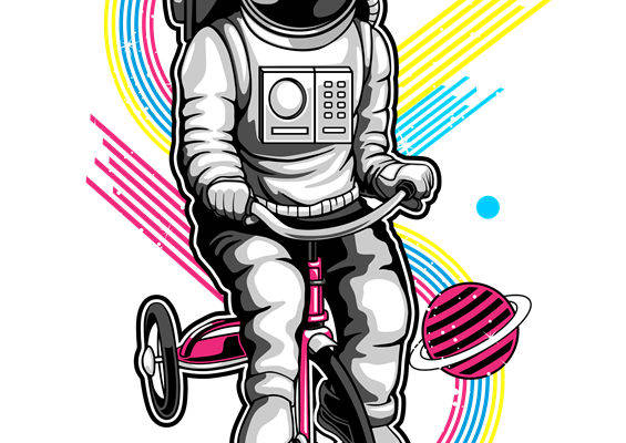 宇航员骑行太空主题裁片印花，创意服装印花素材