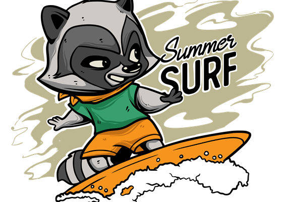 夏日海滩风情浣熊冲浪图案服装印花