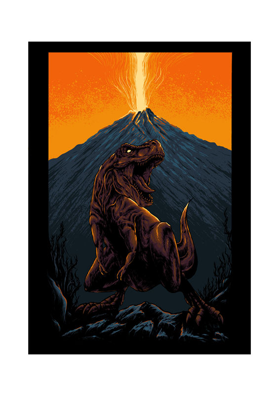 火山爆发T-Rex裁片印花：独特恐龙图案服装印花