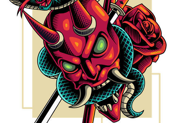 暗黑系蛇头玫瑰纹服装印花裁片