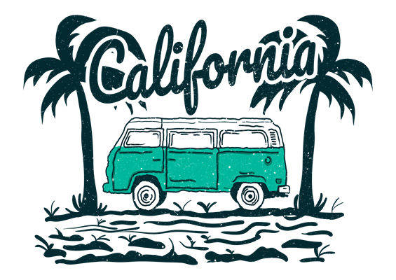 复古加州风情车与棕榈树服装印花裁片