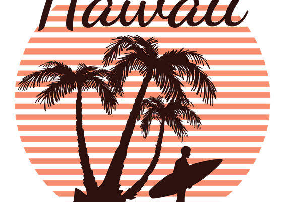 夏日海滩风情服装印花素材：棕榈树与冲浪者剪影