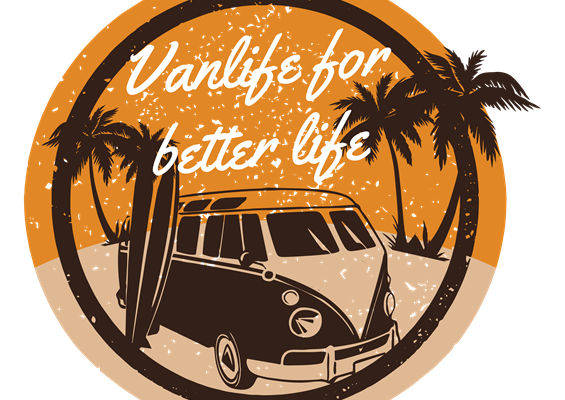 复古棕橙色棕榈树与房车图案的服装印花素材