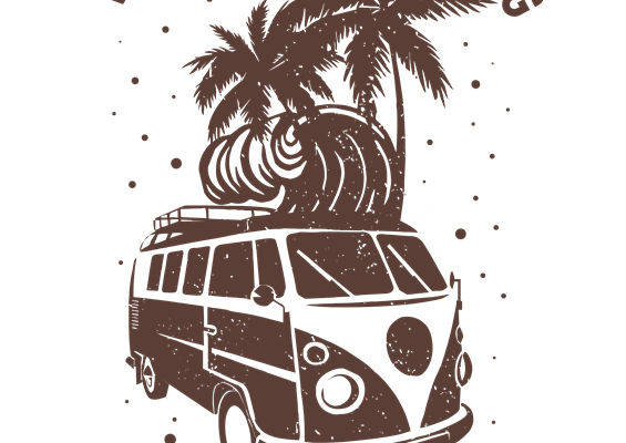 复古棕榈树与露营车的旅行风情服装印花