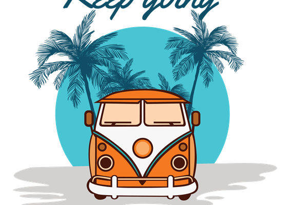 复古旅行车与棕榈树的夏日风情服装印花