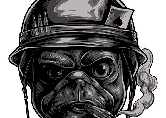 硬汉风格军帽斗牛犬印花，打造个性服装