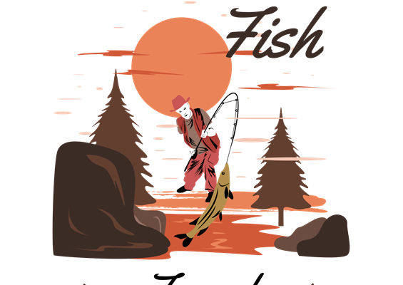 自然风渔夫钓鱼印花图案，适用于服装裁片印花