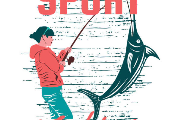 复古风渔夫钓鱼印花图案，适合服装裁片印花