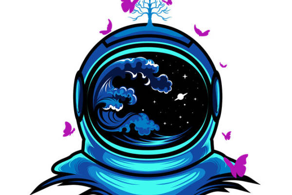 蓝色宇航员头盔印花图案：创意服装印花素材