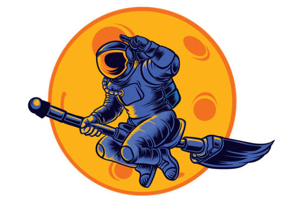 蓝橙色太空宇航员印花图案，适合服装印花与裁片印花