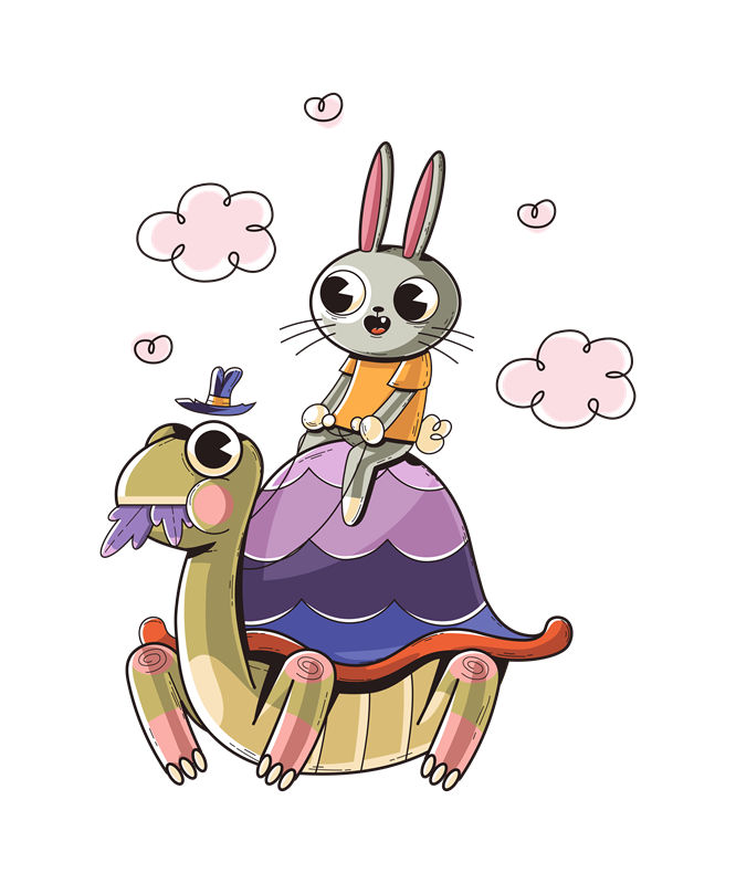 可爱卡通兔子骑恐龙裁片印花，适合儿童服装设计