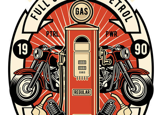 复古摩托车与汽油泵图案的服装印花素材