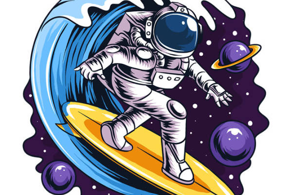 太空冲浪宇航员图案：创意服装印花素材