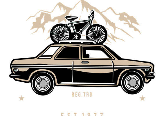 复古山地车与山景图案的服装印花裁片