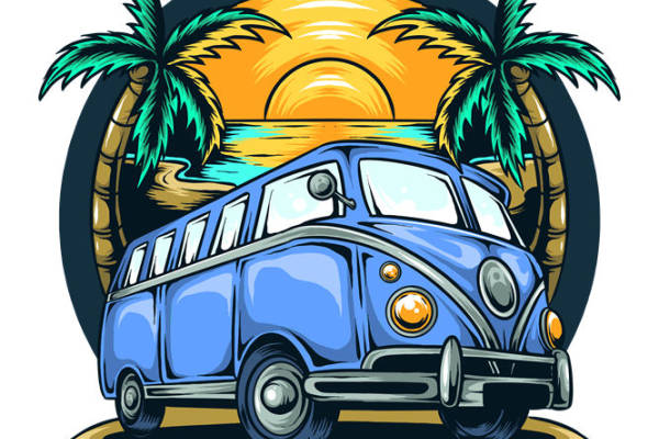 复古沙滩风情车与椰树图案服装印花裁片