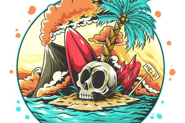 热带火山岛骷髅头图案服装印花素材