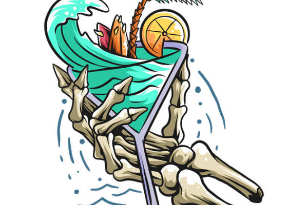 骷髅手拿调酒杯的创意服装印花