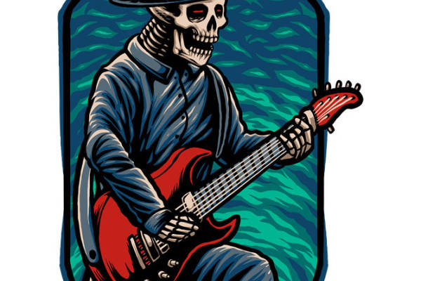 骷髅吉他手裁片印花:独特音乐风格服装印花设计