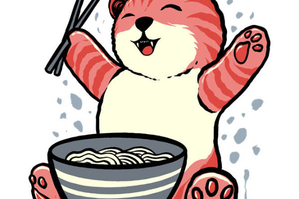 可爱熊吃面图案裁片印花，适合休闲服装设计