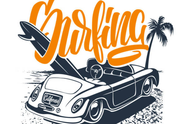 复古跑车与冲浪板的夏日风情服装印花