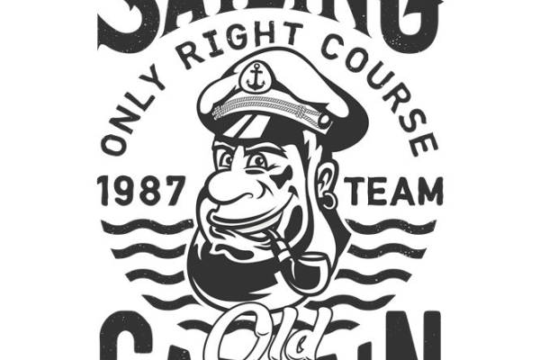 复古航海风格服装印花设计：1987年船长帽与帆船图案