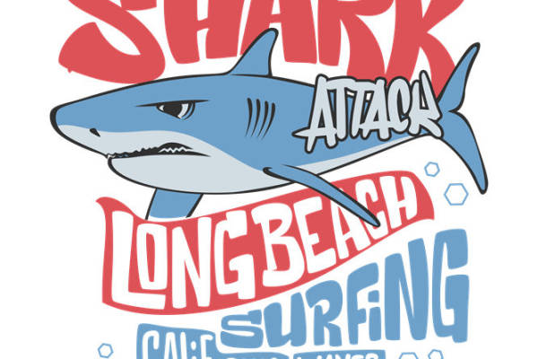 鲨鱼图案裁片印花：长滩海滩冲浪风格服装印花