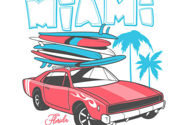 复古汽车与冲浪板的夏日风情服装印花