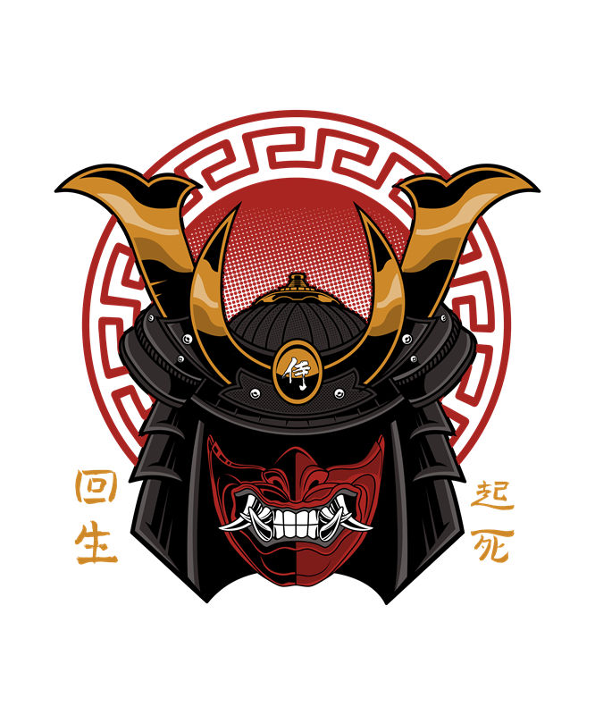 传统武士头盔图案裁片印花，打造个性服装