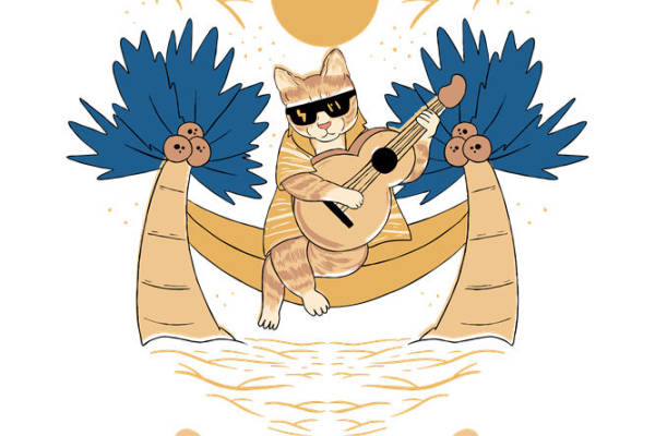 轻松夏日风情：猫吉他手印花图案，打造个性服装