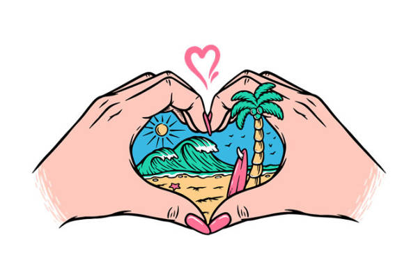 海滩心形手绘印花图案，打造夏日风情服装