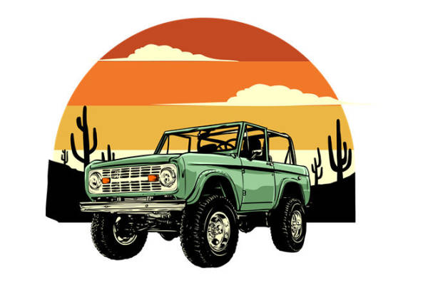 复古越野车与沙漠日落,打造个性服装印花