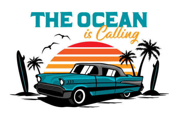 复古汽车与海滩风情的服装印花裁片
