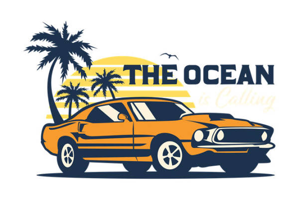 复古汽车与棕榈树的夏日风情服装印花