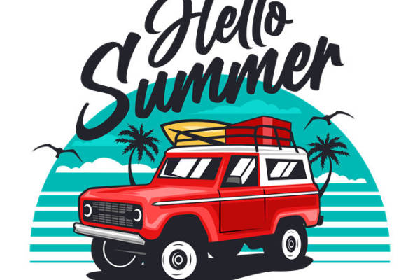 复古夏日风情车顶行李箱图案服装印花