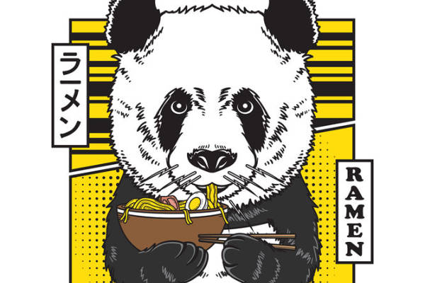熊猫吃拉面的创意服装印花图案