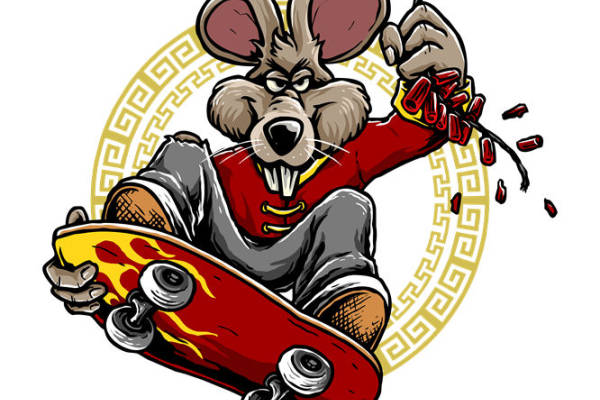 卡通老鼠玩滑板的裁片印花，适合服装印花设计