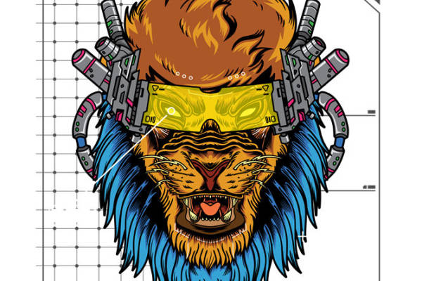 未来科技感机械狮子头像服装印花裁片