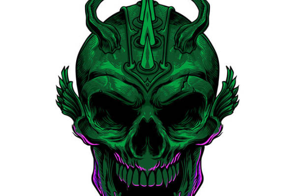 暗黑风格绿色骷髅头裁片印花，适合服装设计
