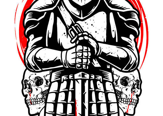 暗黑骑士头盔与骷髅纹样服装印花裁片