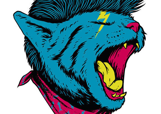 摇滚猫头印花裁片，个性街头风服装印花素材