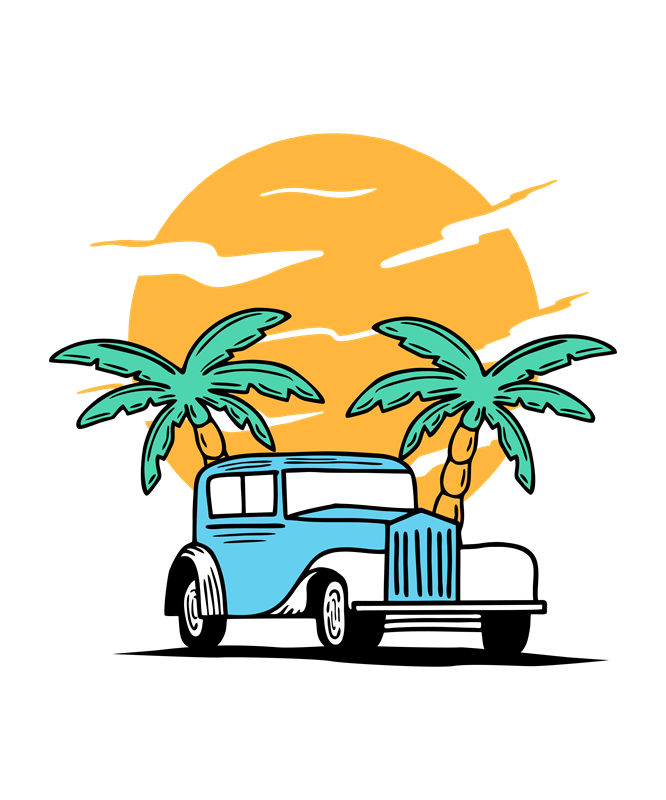 复古汽车与棕榈树的夏日风情服装印花