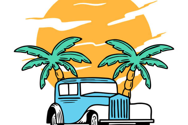 复古汽车与棕榈树的夏日风情服装印花