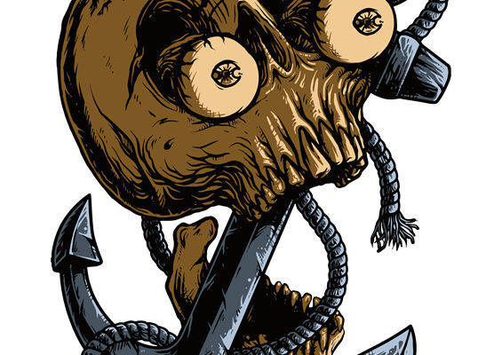 复古骷髅头与锚设计的服装印花素材